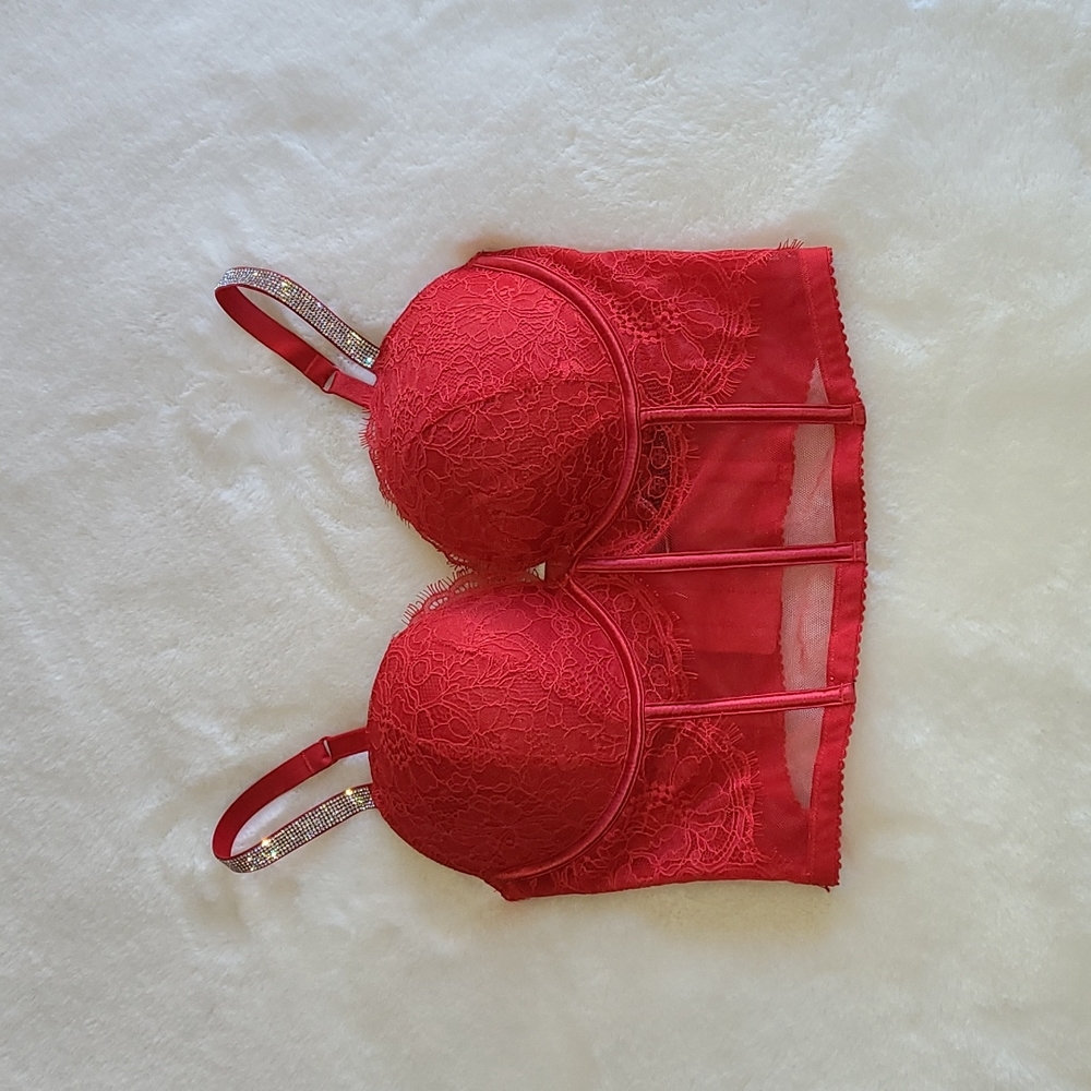 Victoria's Secret Red Rhinestone Embellished Corset Bone Lace Sexy Lingere